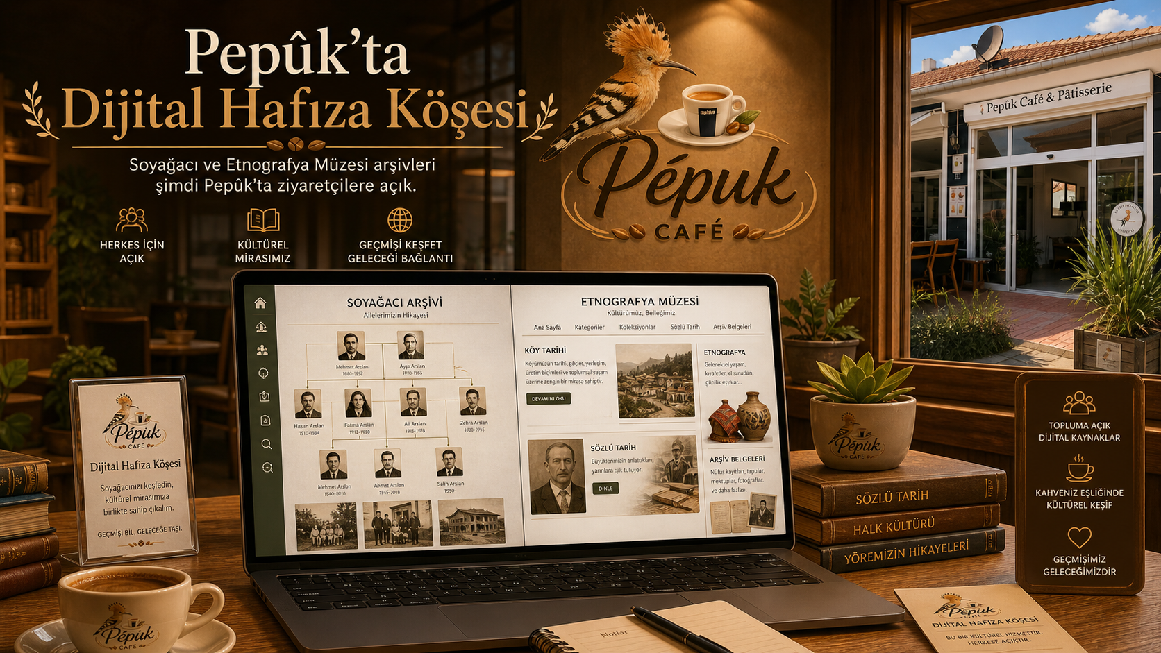 Pepûk Café’de müşterilere açık Dijital Hafıza Köşesi: soyağacı arşivi ve dijital etnografya müzesi.