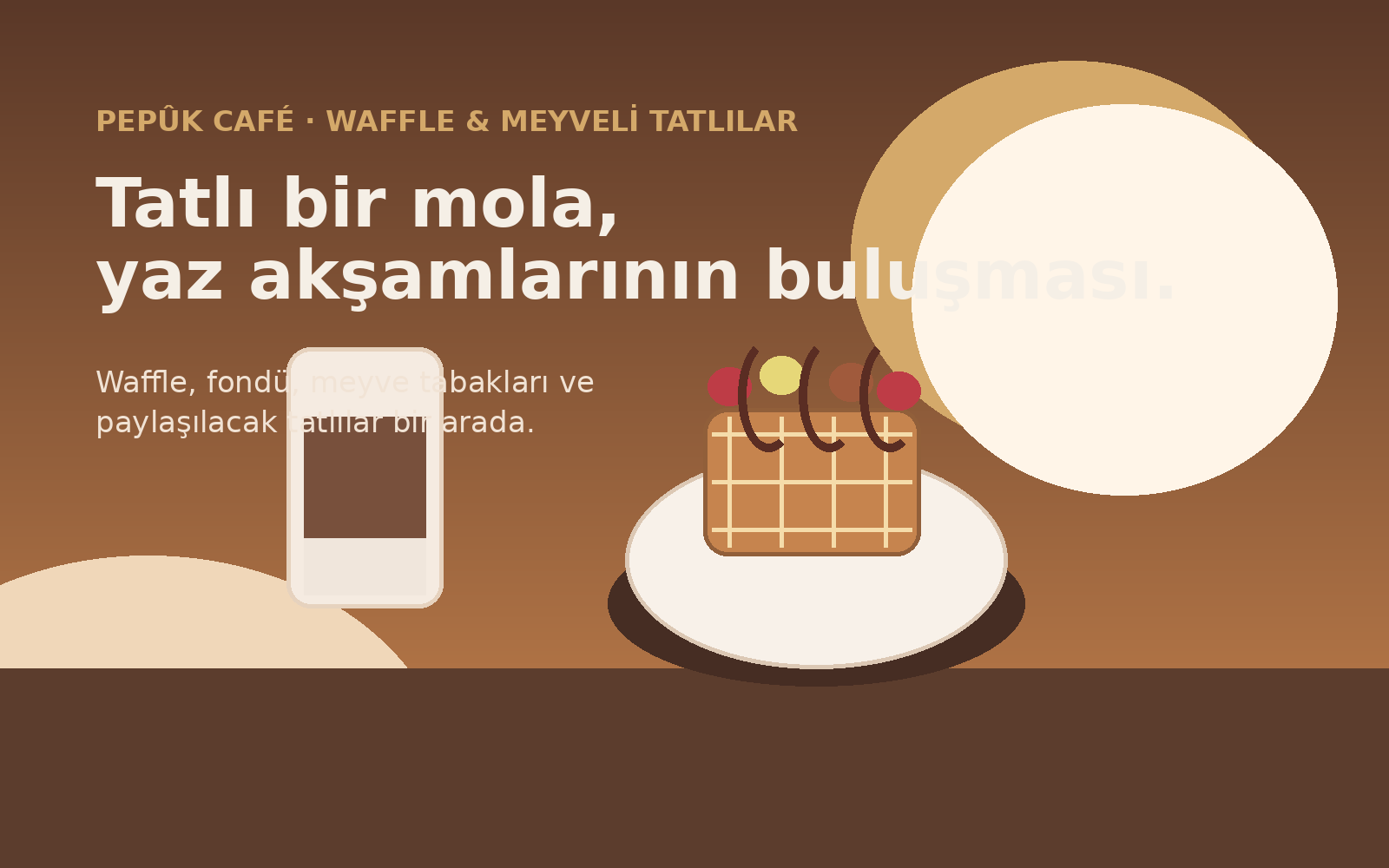 Pepûk Café waffle ve meyveli tatlılar sayfası için meyveli waffle, çikolata, yazlık ışık ve kafe atmosferi taşıyan görsel.